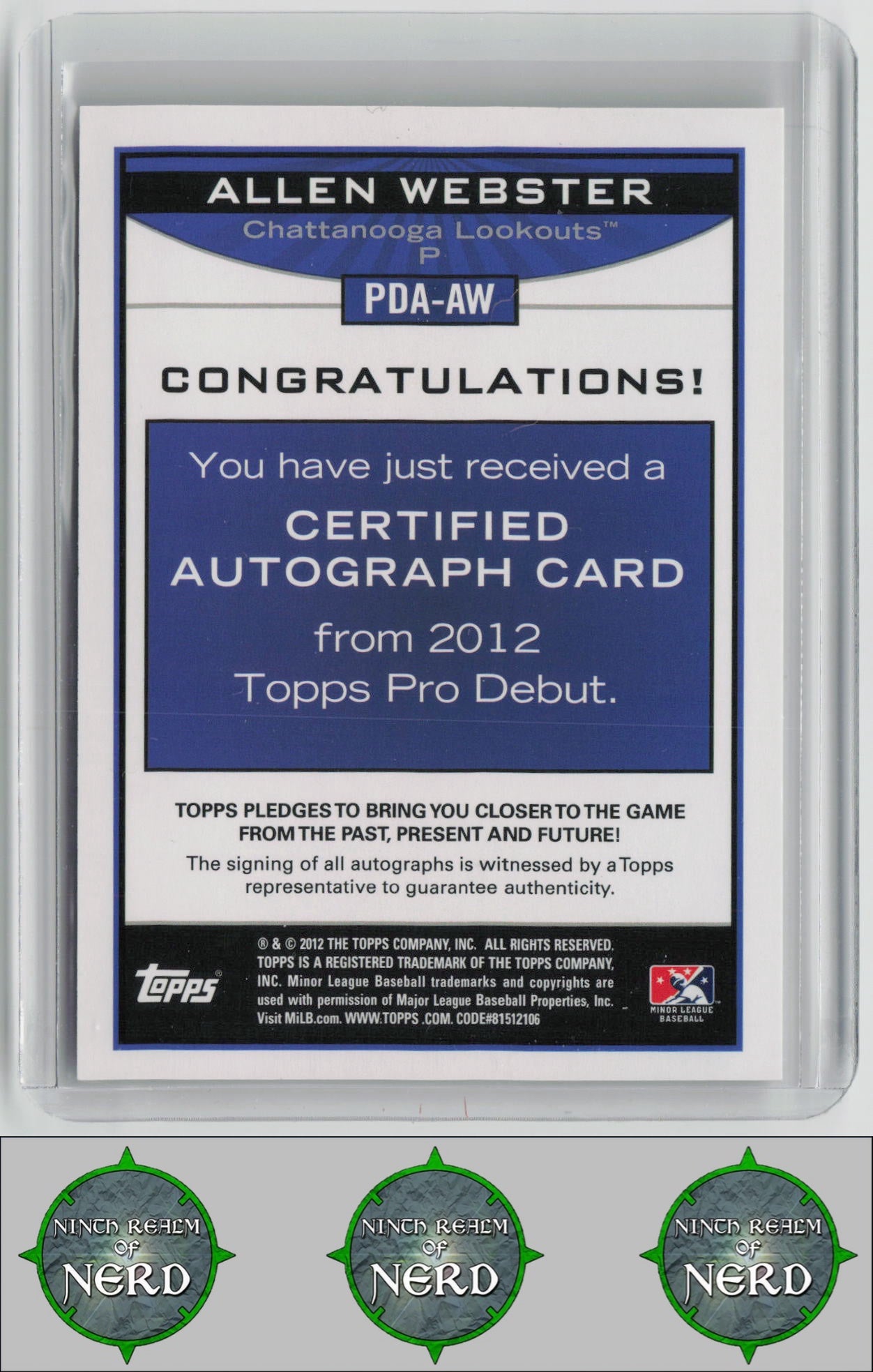 Allen Webster 2012 Topps Pro Debut Autographs #PDA-AW AU Chattanooga Lookouts