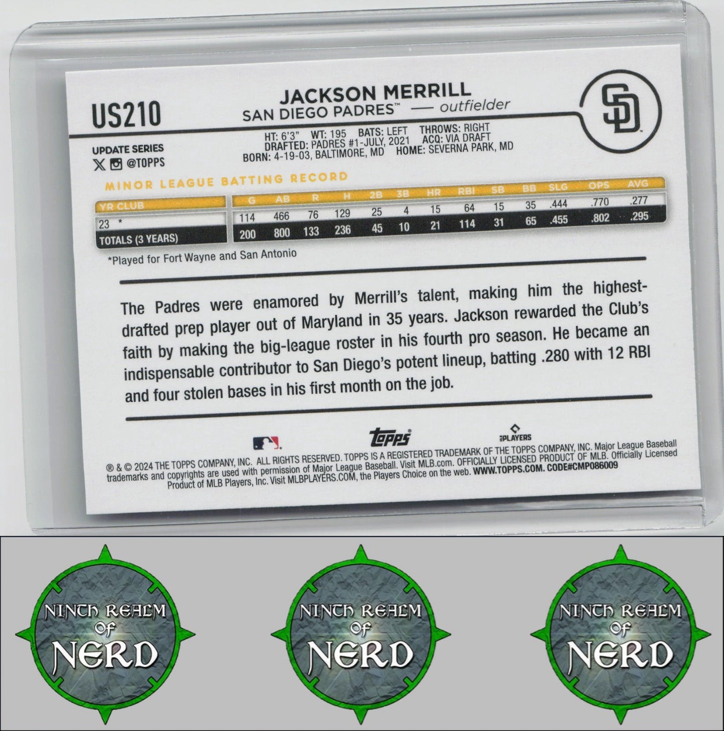 Jackson Merrill 2024 Topps Update #US210 RC San Diego Padres