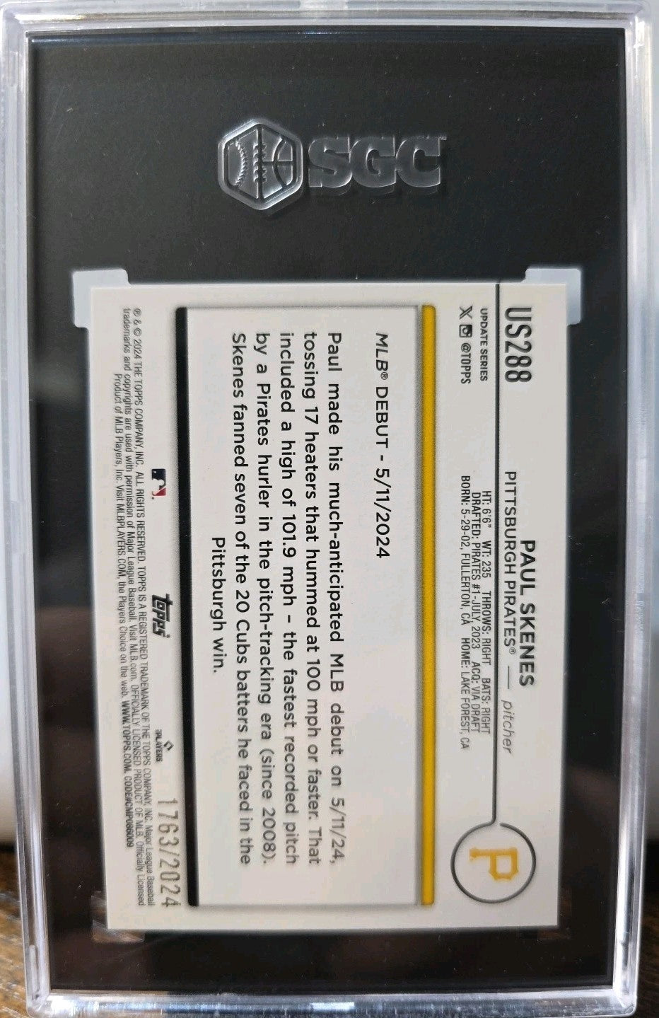 2024 Topps Update Paul Skenes Rookie Debut Gold /2024 #US288 Pirates SGC 10
