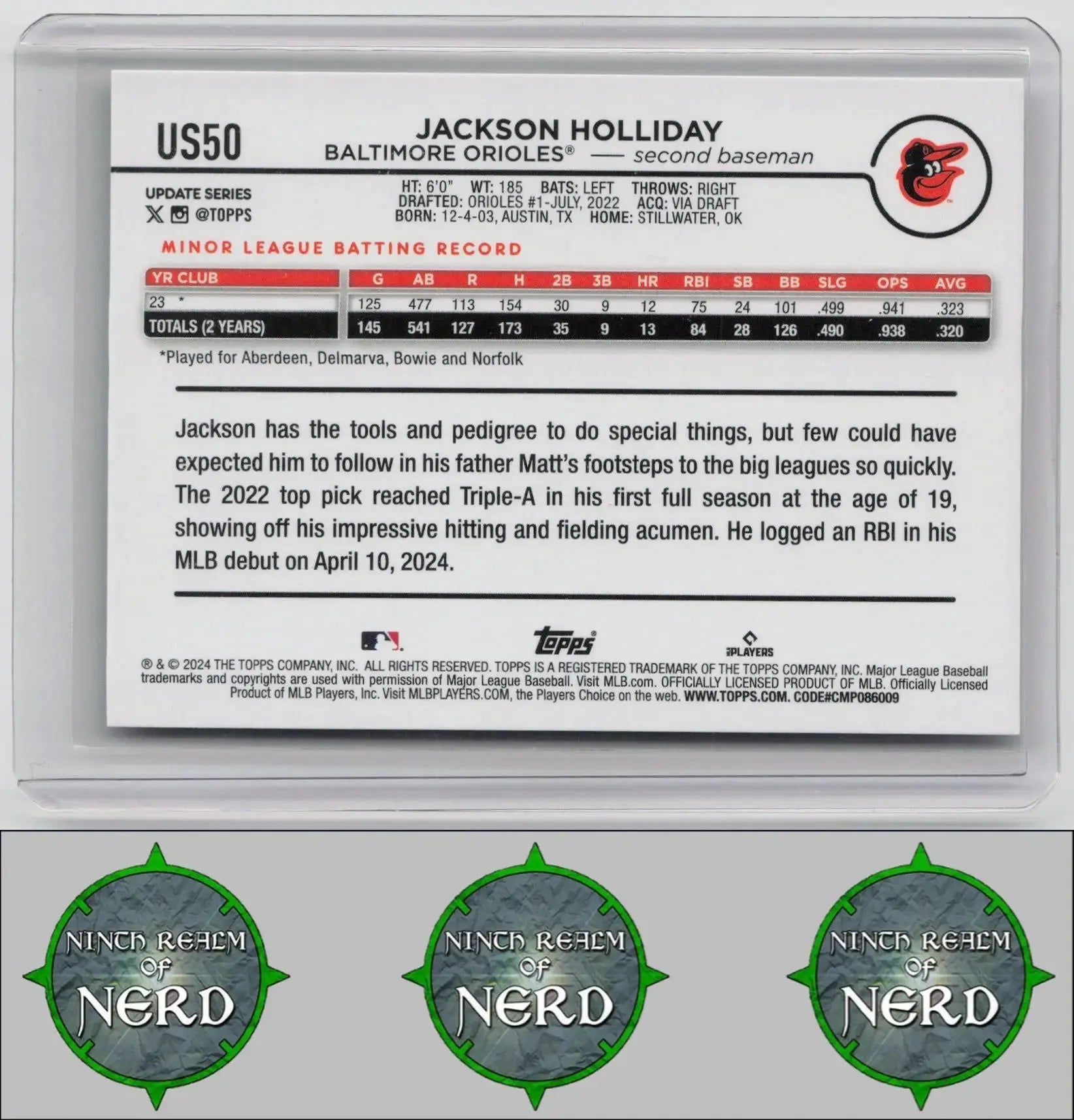 Jackson Holliday 2024 Topps Update #US50 RC Baltimore Orioles CDP