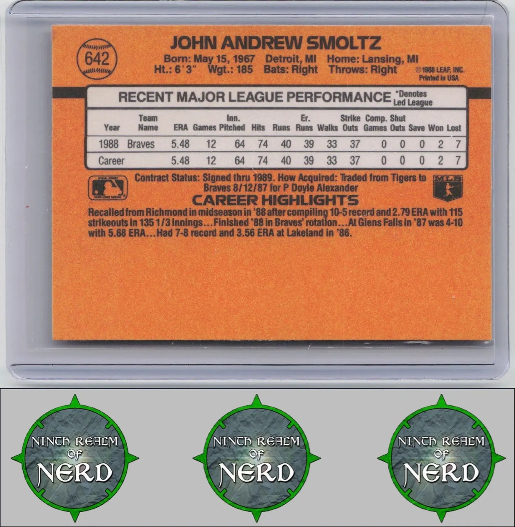 John Smoltz 1989 Donruss #642b RC Atlanta Braves CDP