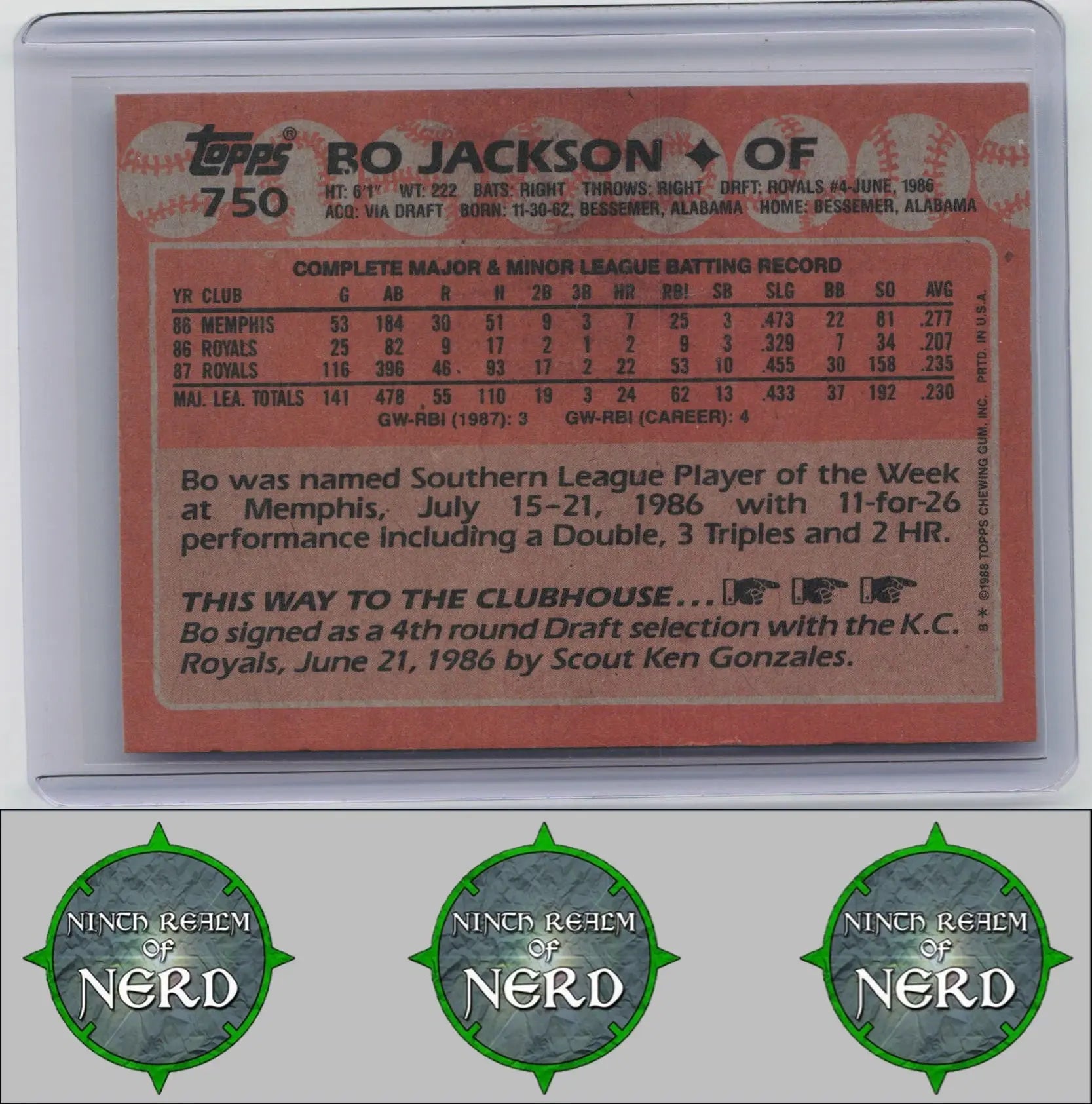 Bo Jackson 1988 Topps #750 Kansas City Royals CDP