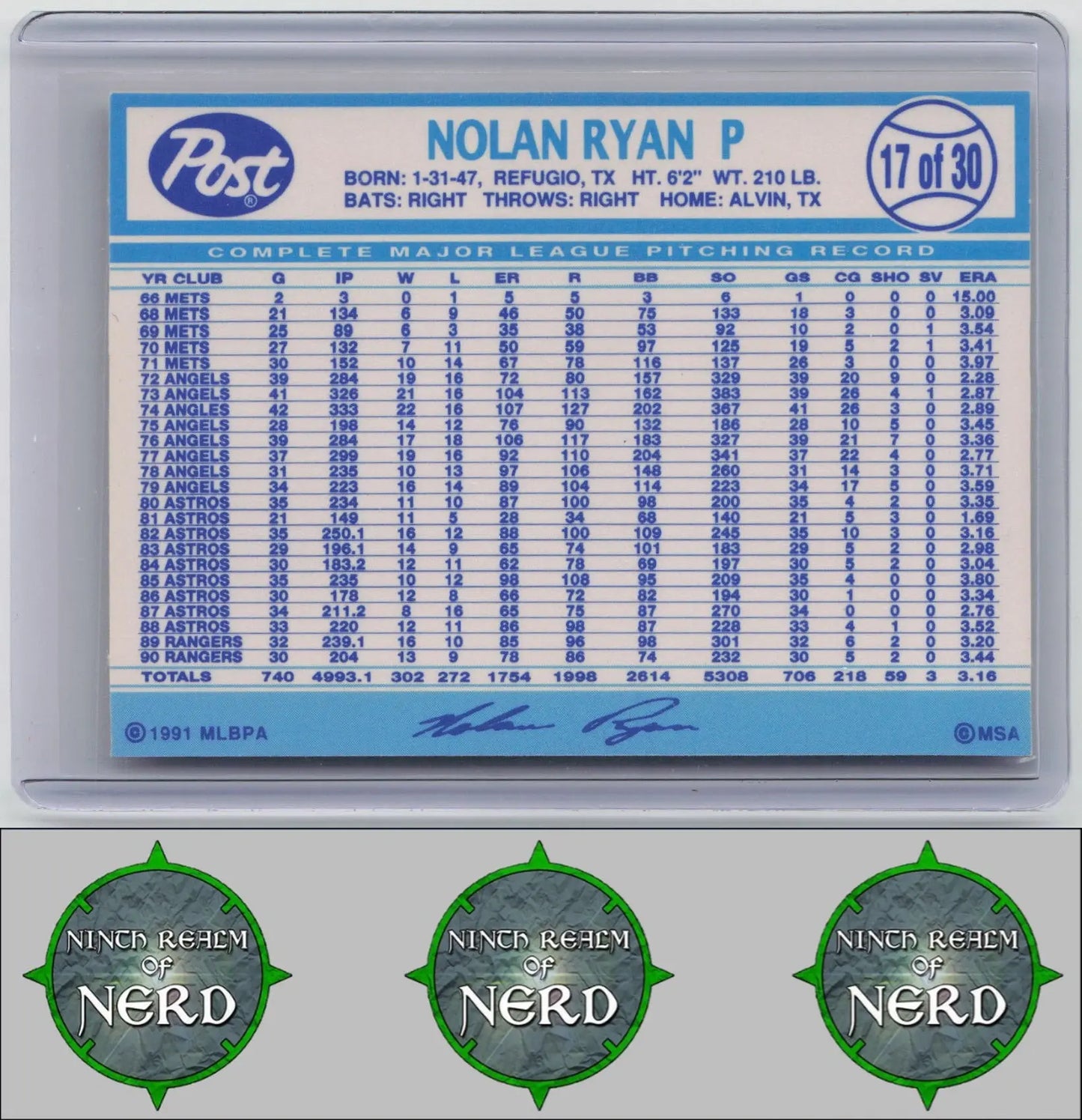 Nolan Ryan 1991 Post Cereal #17 Texas Rangers CDP