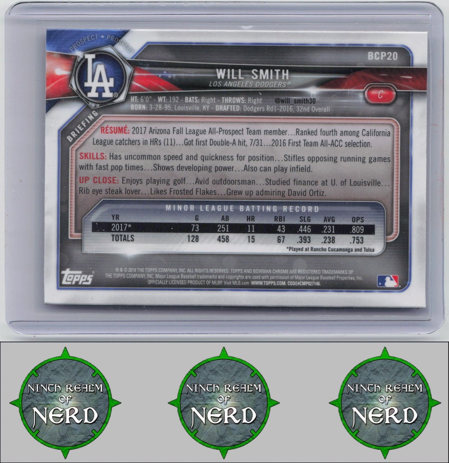 Will Smith 2018 Bowman Chrome Prospects #BCP20 Los Angeles Dodgers