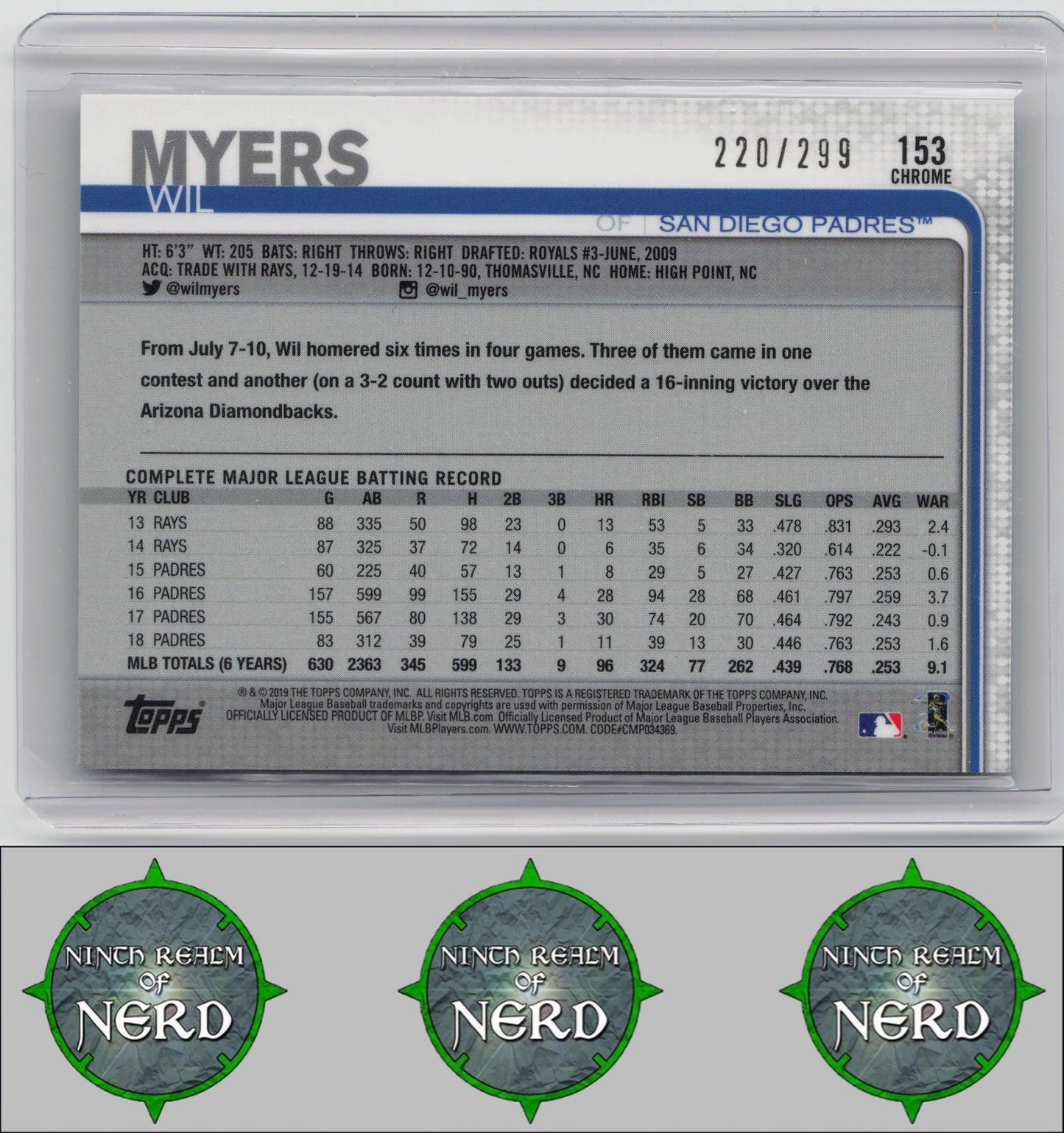 Wil Myers 2019 Topps Chrome Purple Refractor #153 SN San Diego Padres