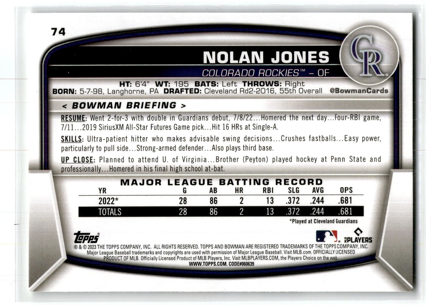 2023 Bowman #74 Nolan Jones NM