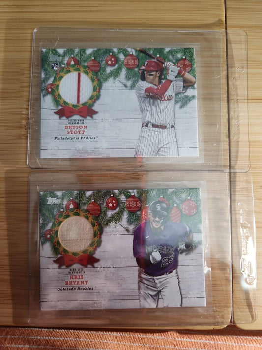 2022 Topps Walmart Holiday Relic cards Bryson Stott and Kris Bryant