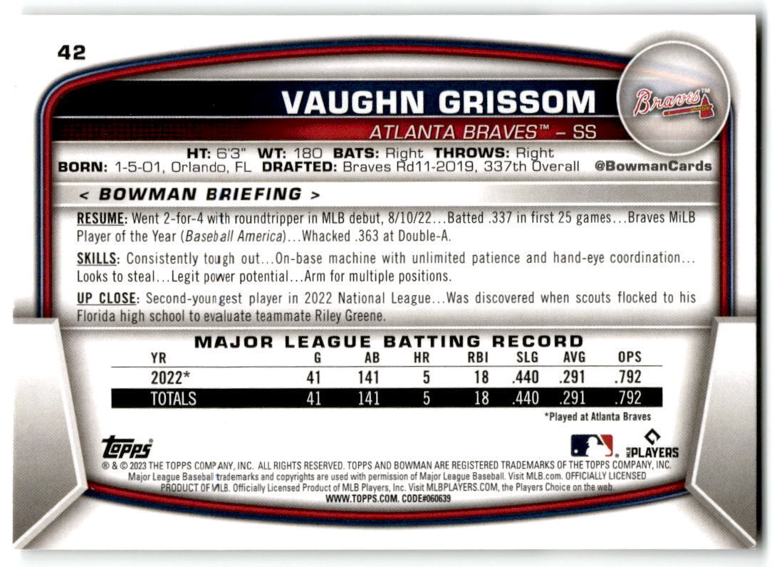 2023 Bowman #42 Vaughn Grissom NM