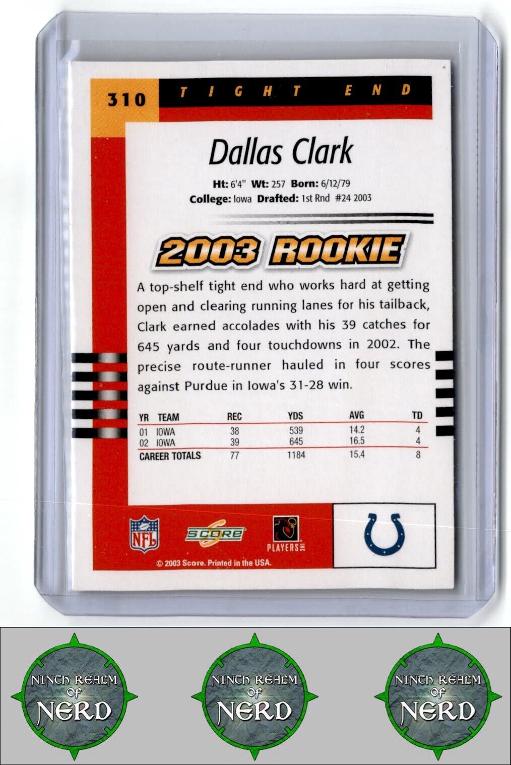 2003 Score #310 Dallas Clark Scorecard #/500