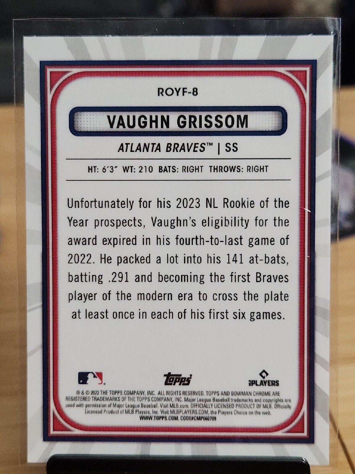 Vaughn Grissom 2023 Bowman Chrome Rookie of the Year Favorites #ROYF-8 RC Braves