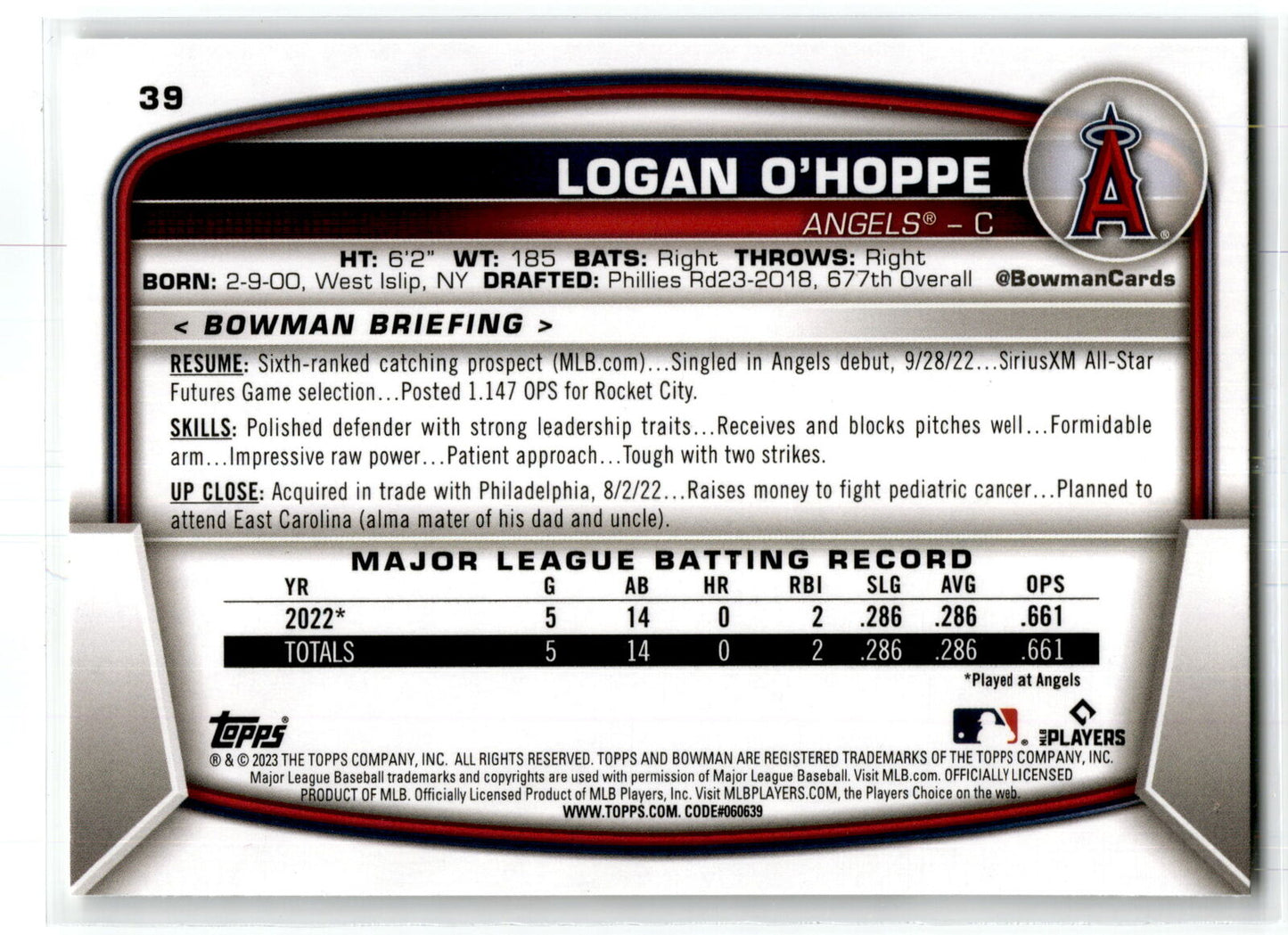 2023 Bowman #39 Logan O'Hoppe NM