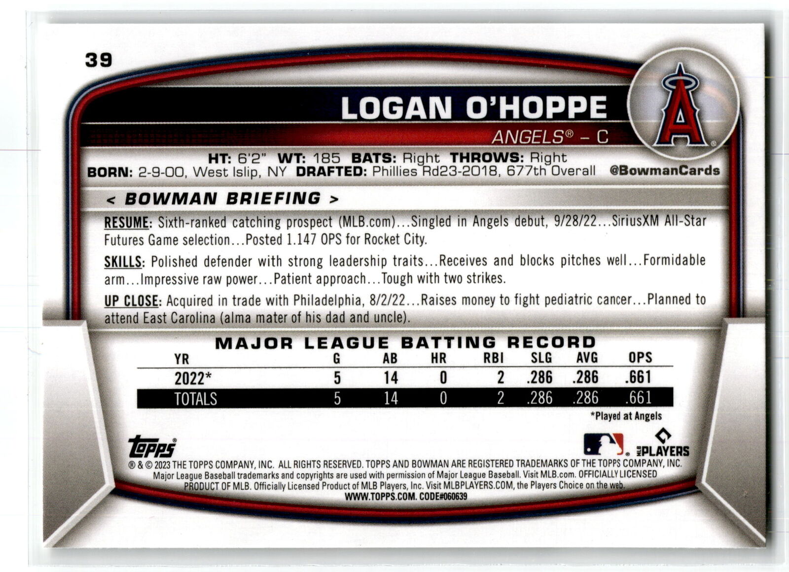 2023 Bowman #39 Logan O'Hoppe NM