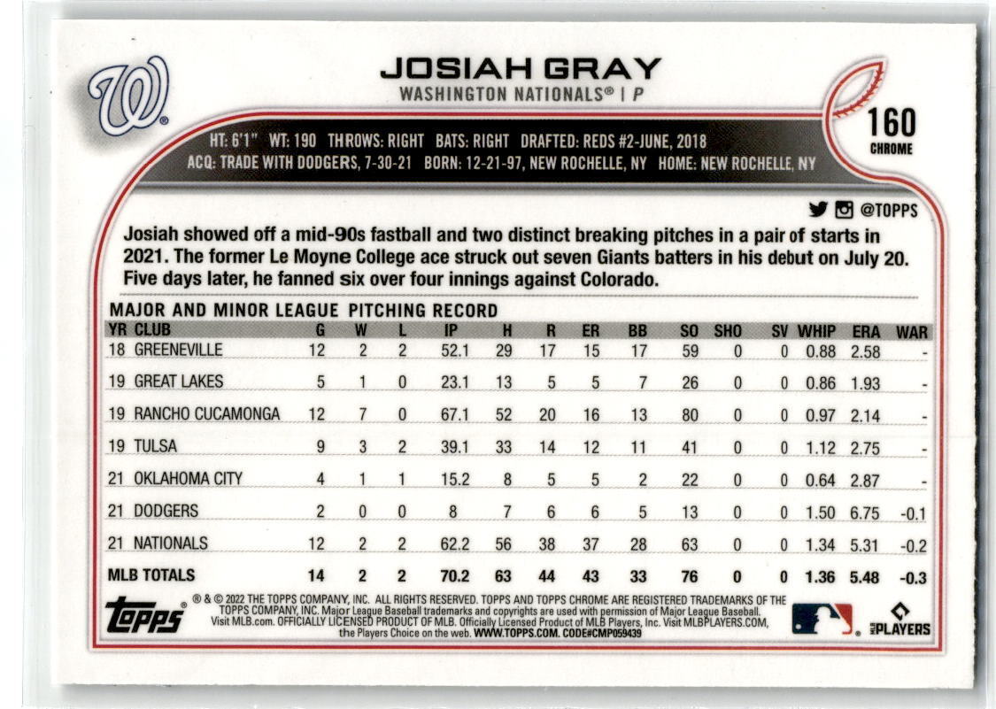 2022 Topps Chrome #160 Josiah Gray NM