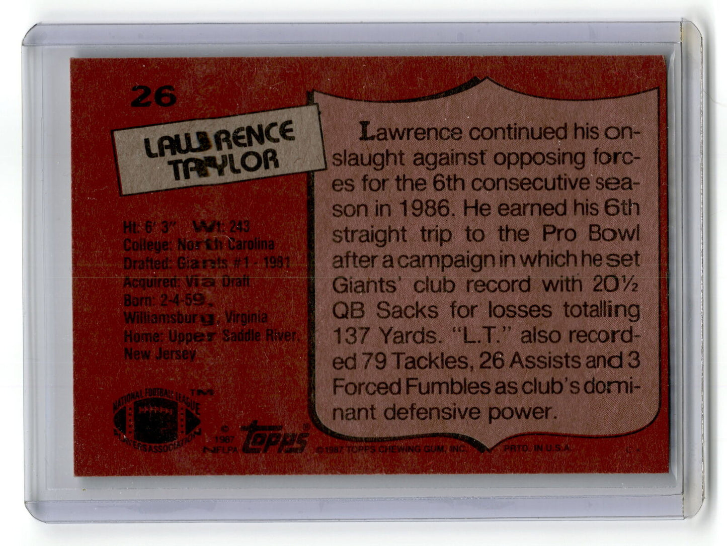 1987 Topps American/UK #5 Lawrence Taylor NM