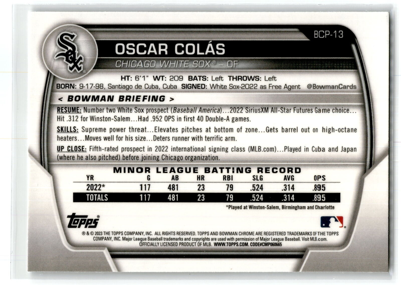 2023 Bowman #BCP-13 Oscar Colas Chrome Prospects NM