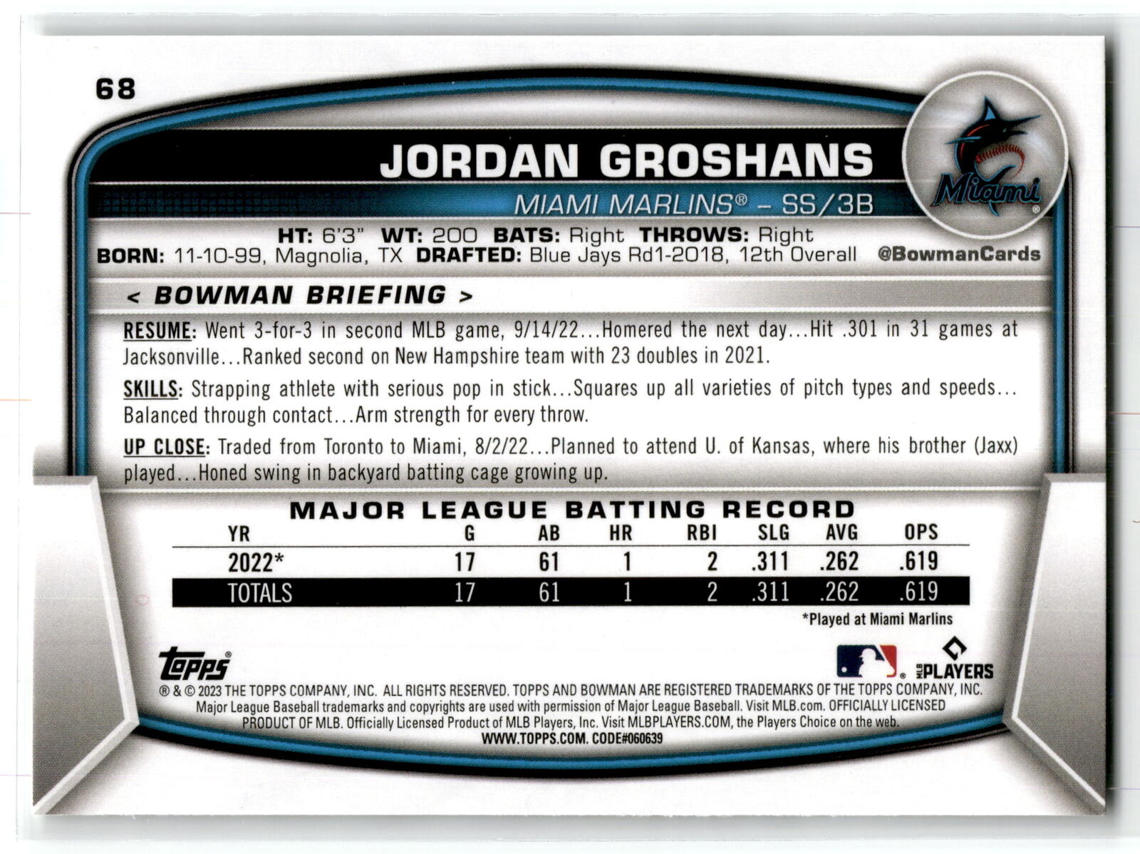 2023 Bowman #68 Jordan Groshans NM