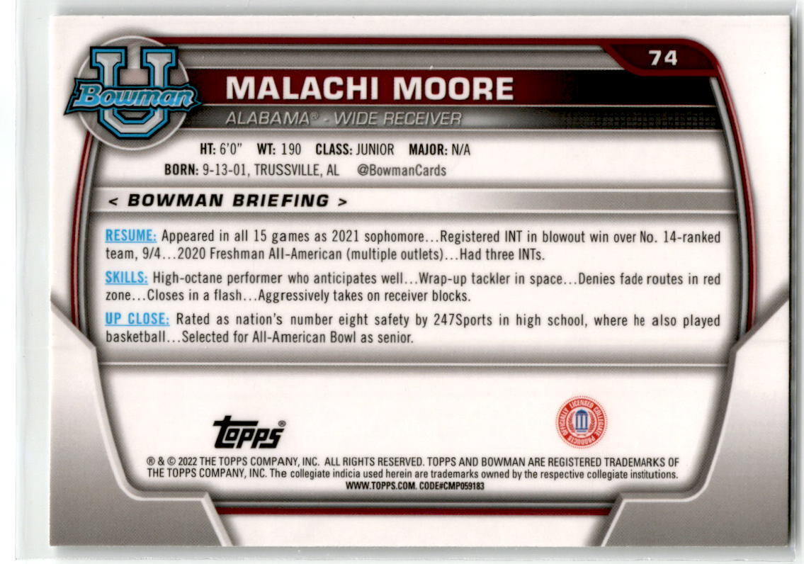 2022 Bowman Chrome University #74 Malachi Moore NM