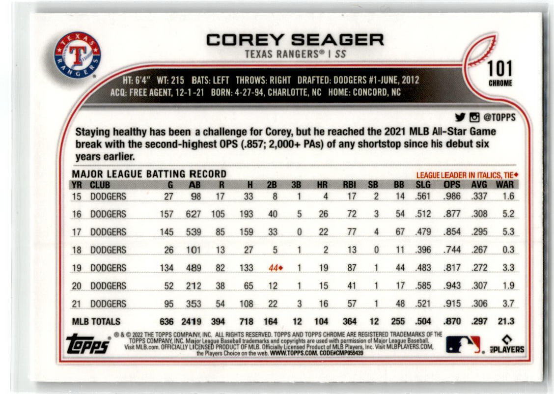 2022 Topps Chrome #101 Corey Seager NM