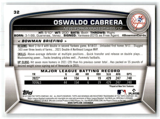 2023 Bowman #32 Oswaldo Cabrera NM