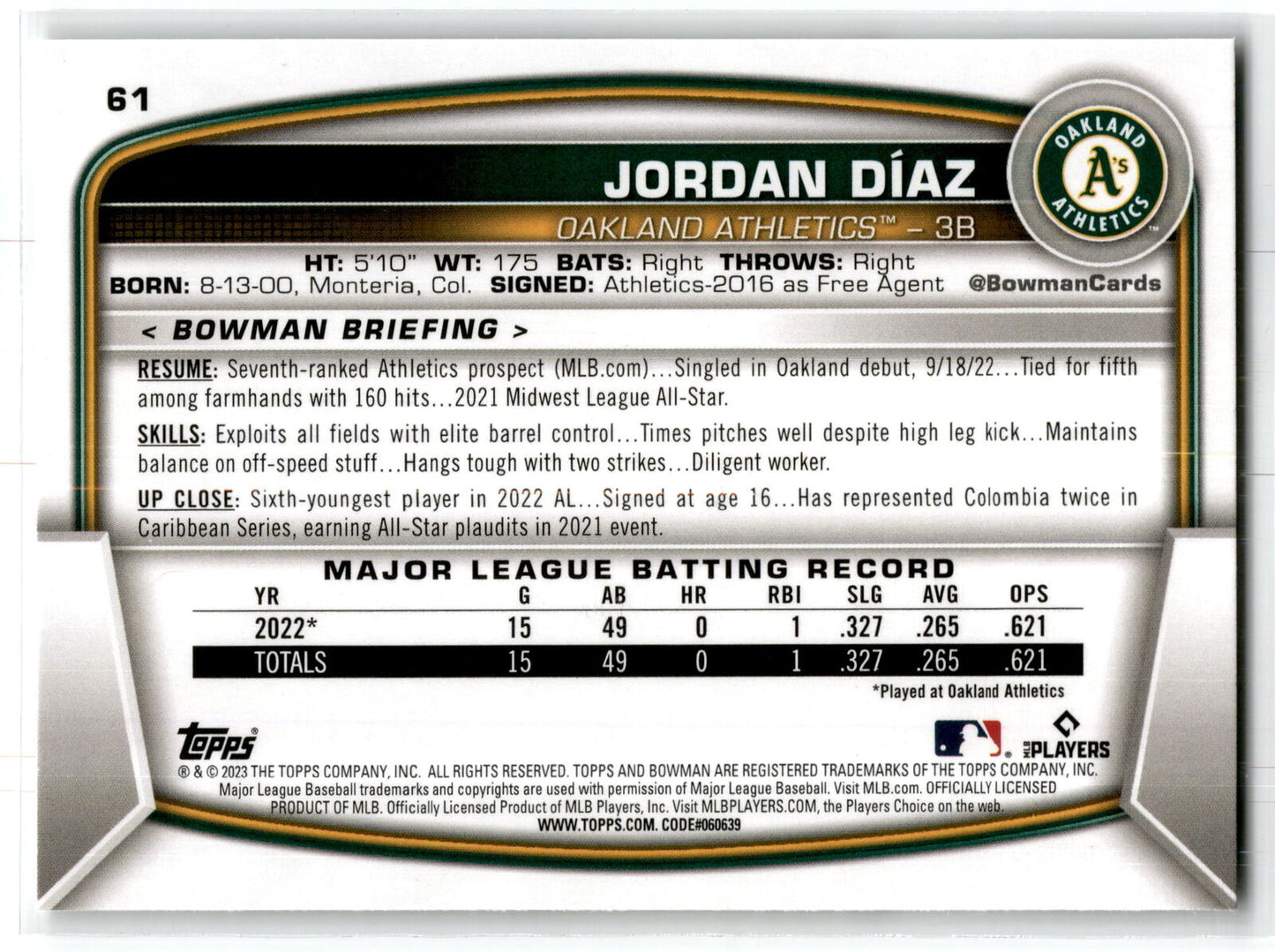 2023 Bowman #61 Jordan Diaz NM