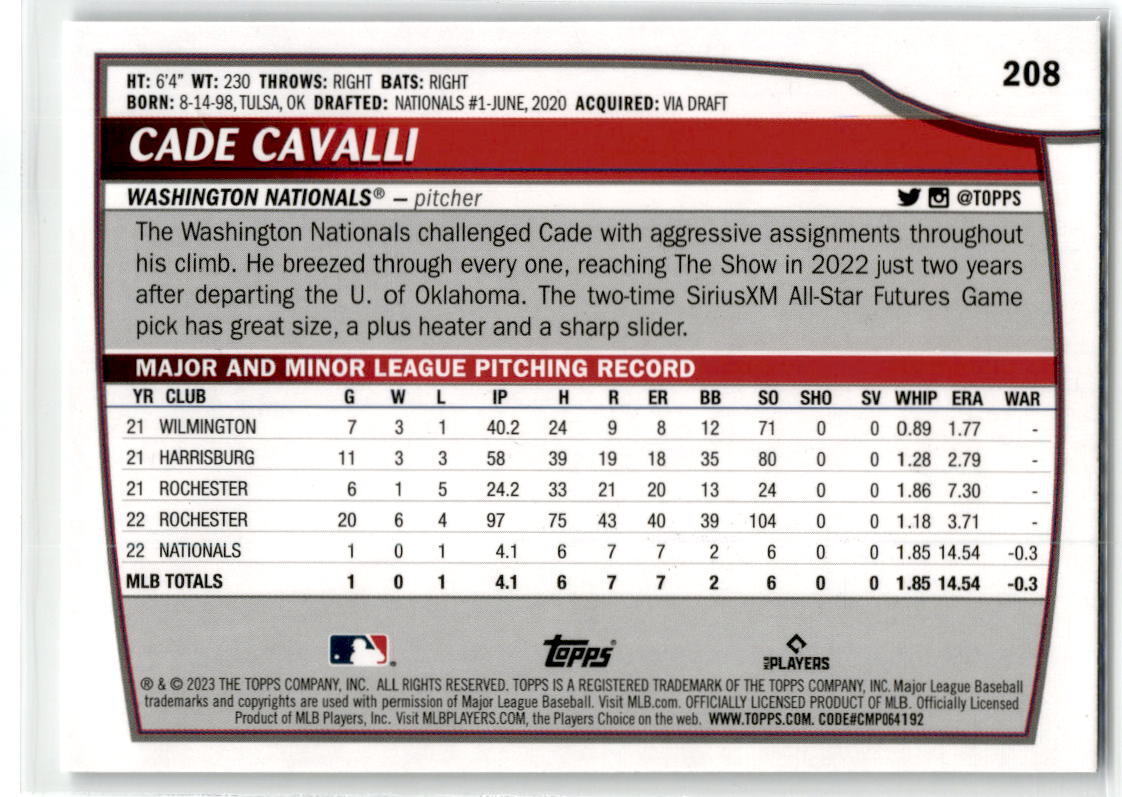 2023 Topps Big League #208 Cade Cavalli NM