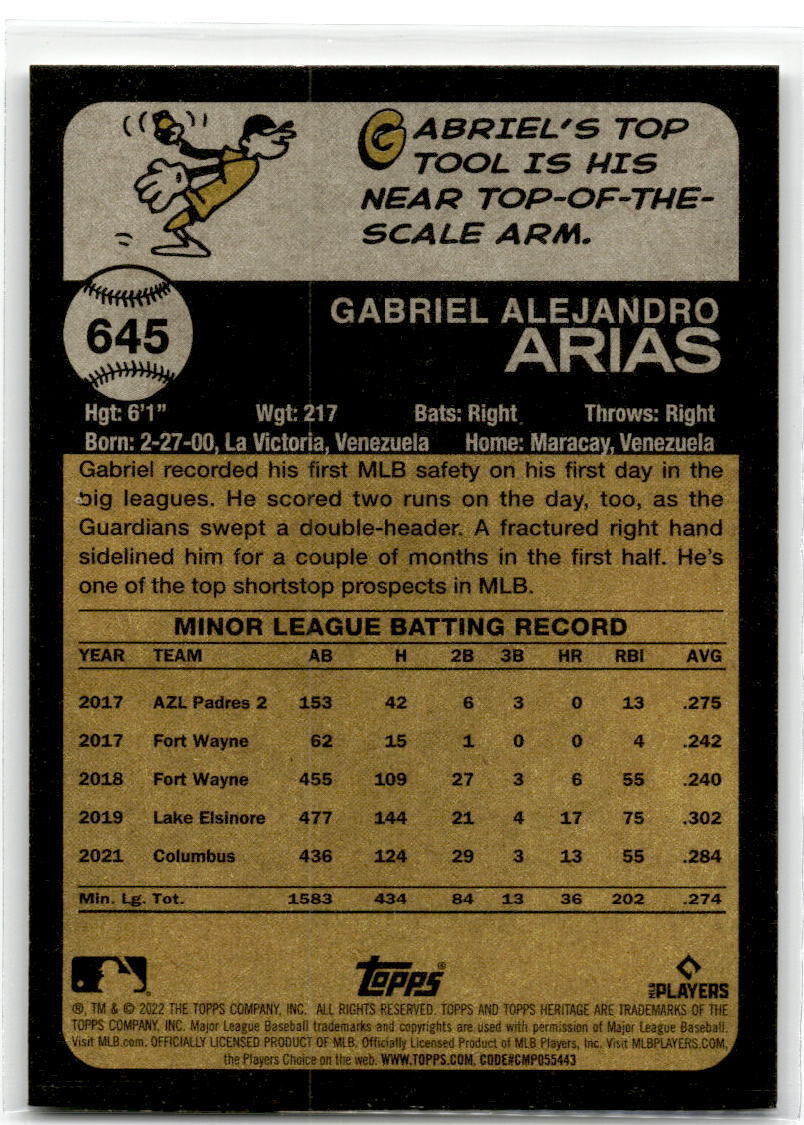 2022 Topps Heritage #645 Gabriel Arias NM