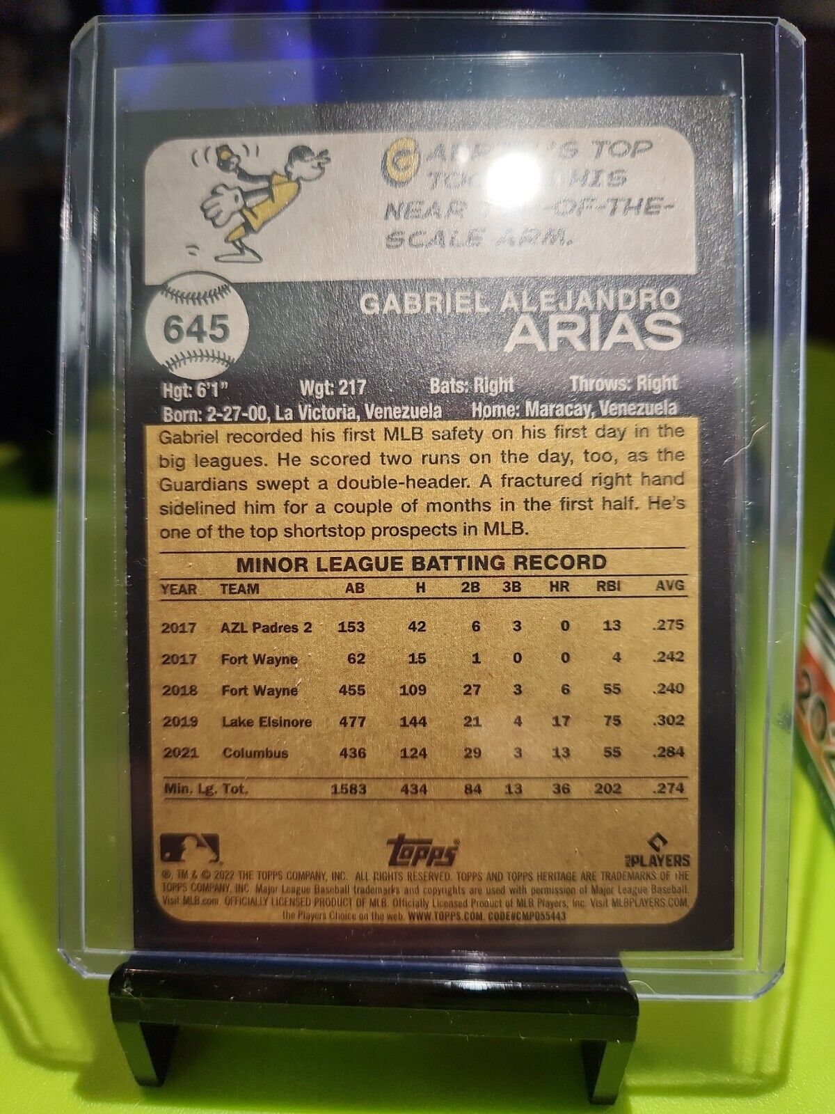 Gabriel Arias 2022 TOPPS HERITAGE HIGH NUMBER ROOKIE #645 GUARDIANS