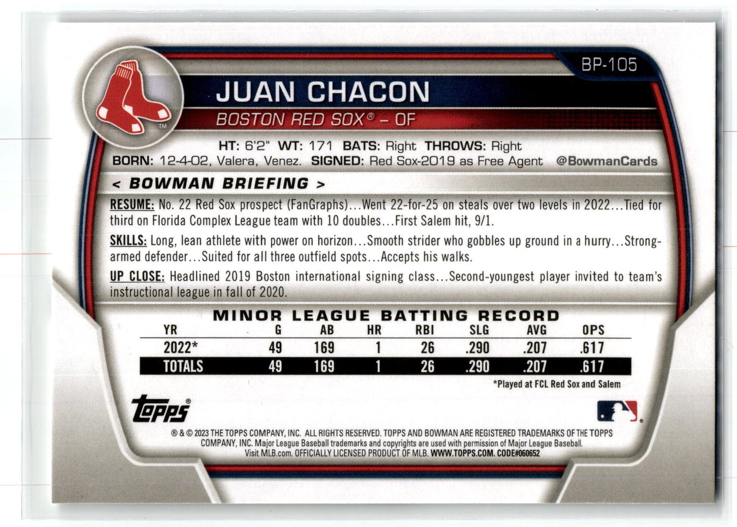 2023 Bowman #BP-105 Juan Chacon Prospects NM