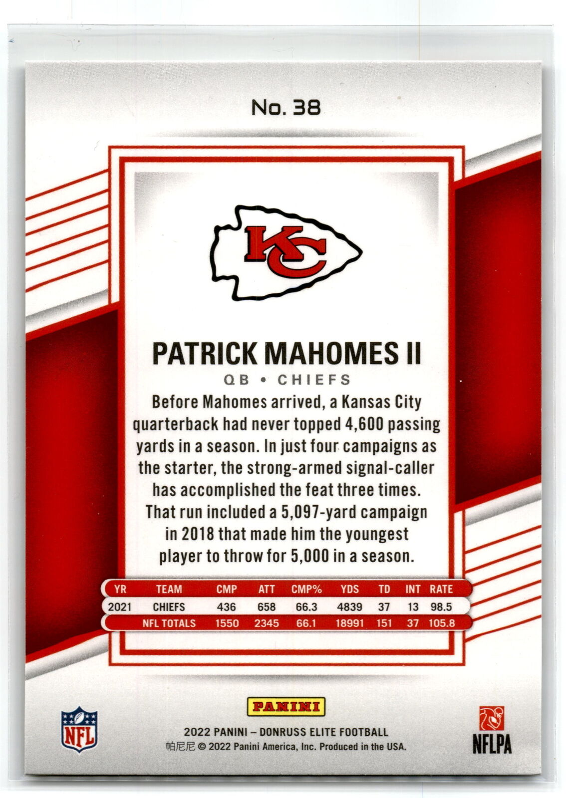 2022 Donruss Elite #38 Patrick Mahomes II NM