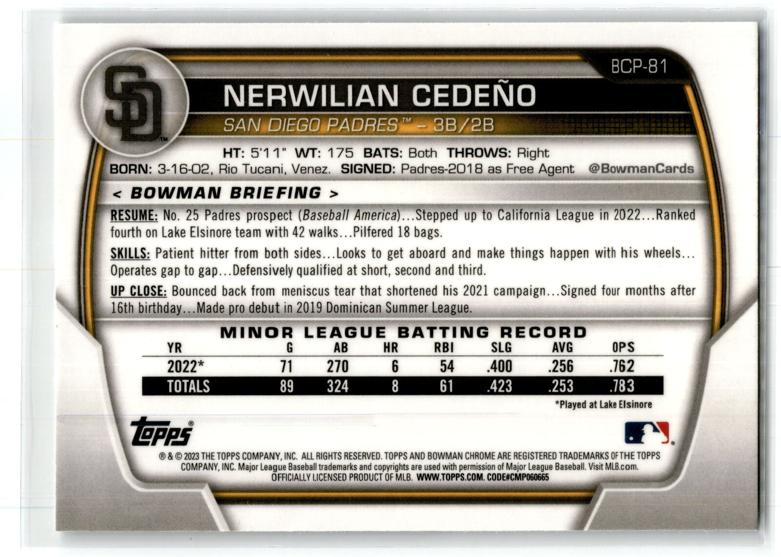 2023 Bowman #BCP-81 Nerwilian Cedeno Chrome Prospects NM