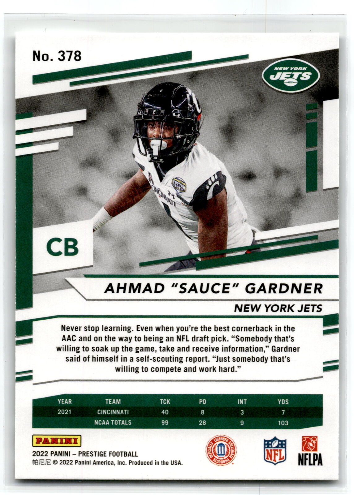 2022 Panini Prestige #378 Ahmad "Sauce" Gardner NM