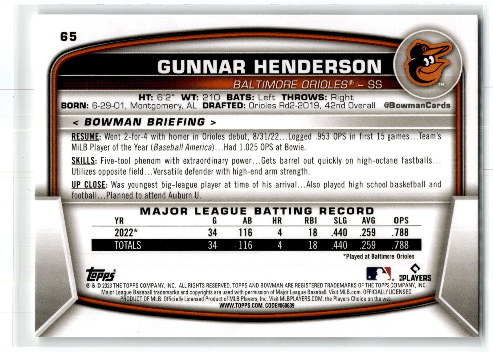 2023 Bowman #65 Gunnar Henderson NM