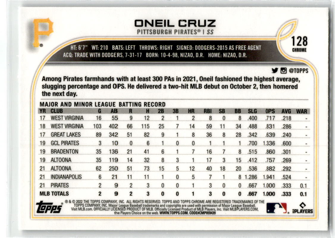 2022 Topps Chrome #128 Oneil Cruz NM