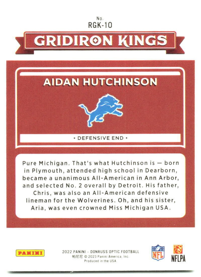 2022 Donruss #RGK-10 Aidan Hutchinson Rookie Gridiron Kings NM