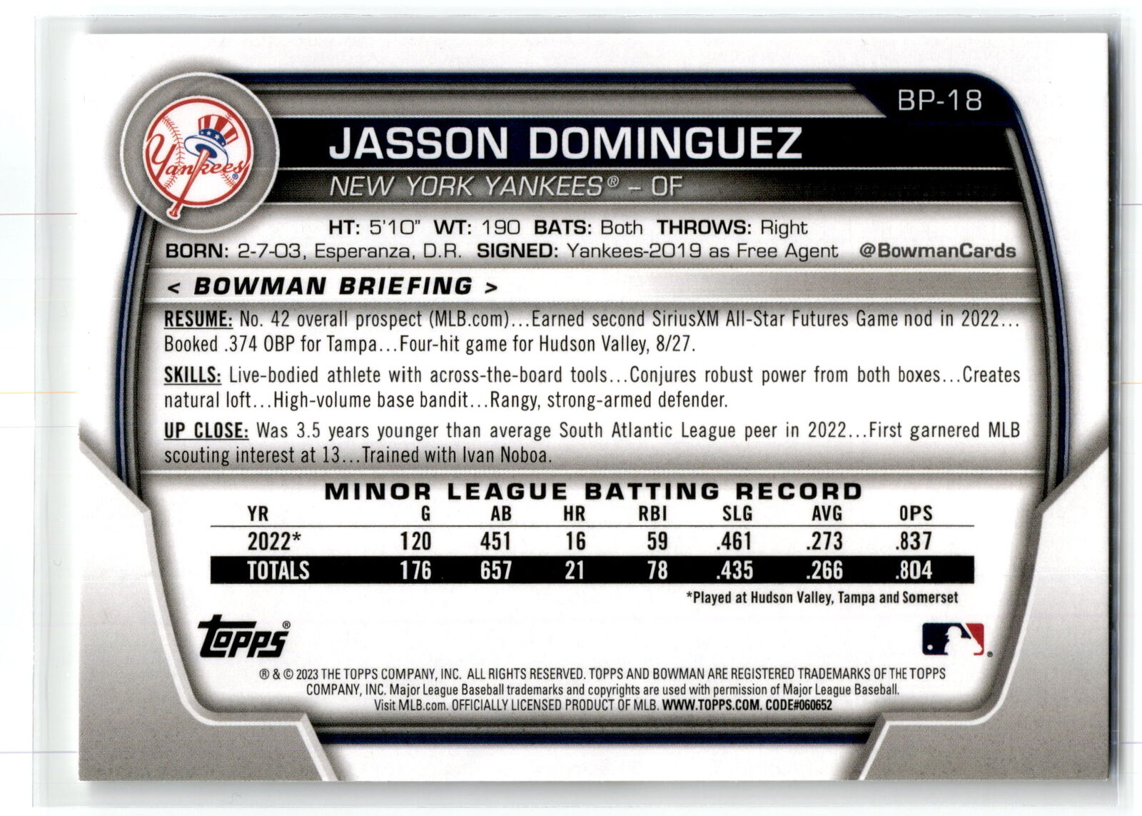 2023 Bowman #BP-18 Jasson Dominguez Prospects NM