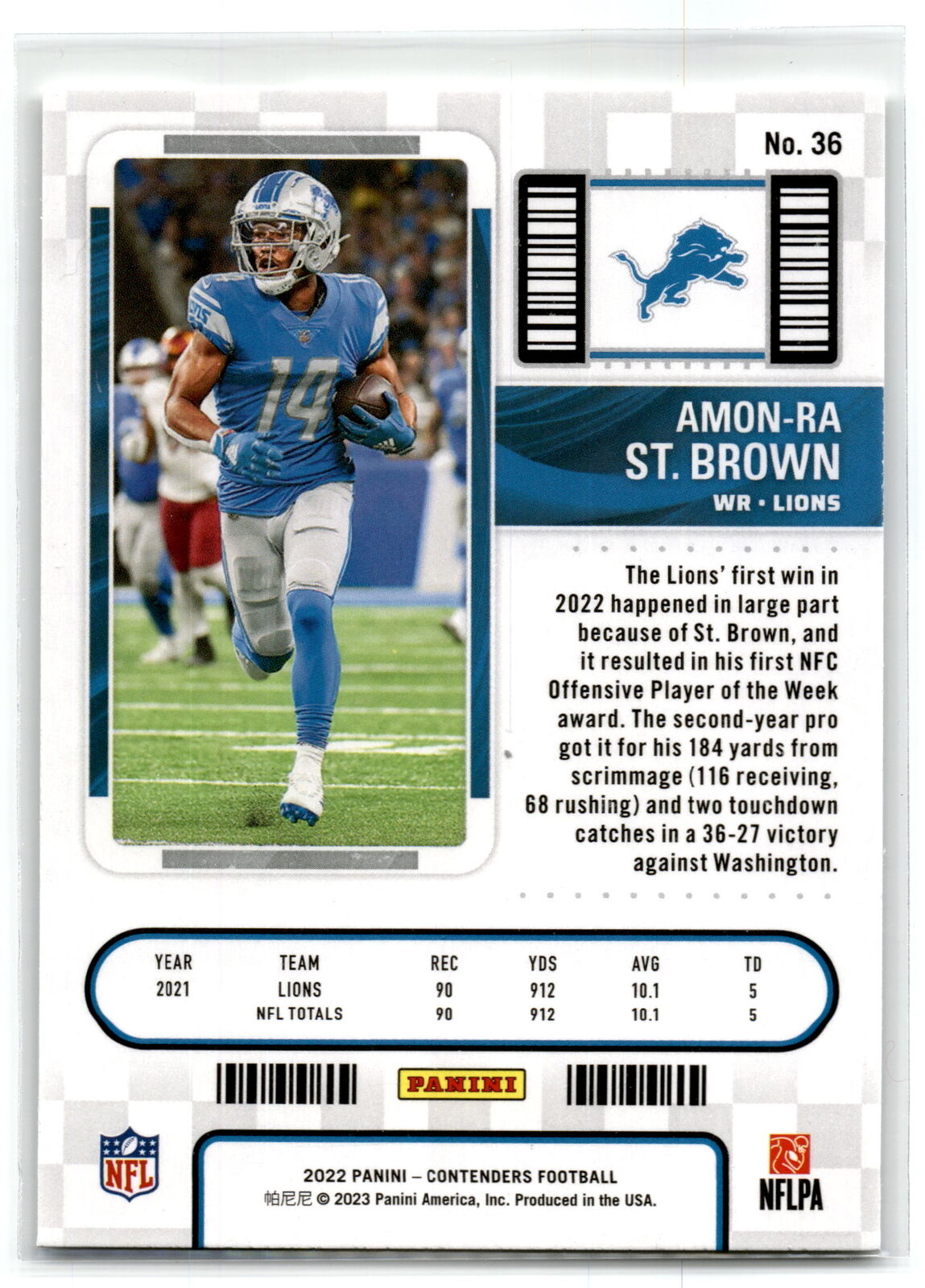 2022 Panini Contenders #36 Amon-Ra St. Brown NM