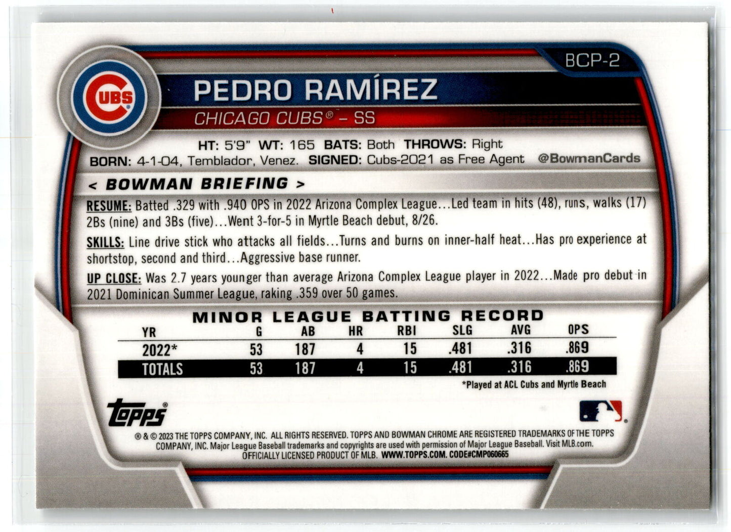 2023 Bowman #BCP-2 Pedro Ramirez Chrome Prospects NM