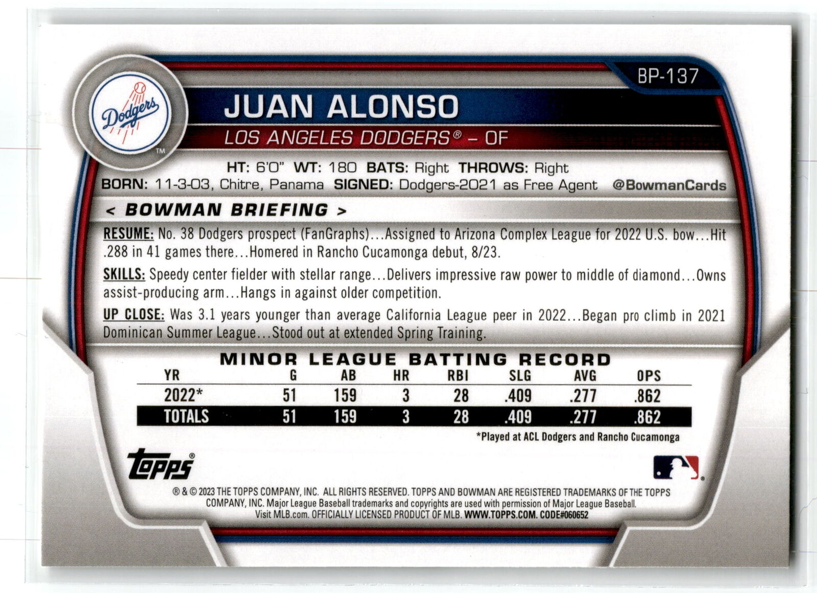 2023 Bowman #BP-137 Juan Alonso Prospects NM