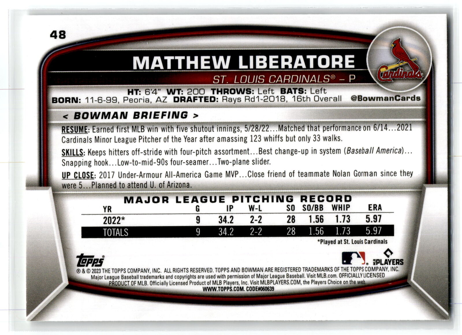 2023 Bowman #48 Matthew Liberatore NM