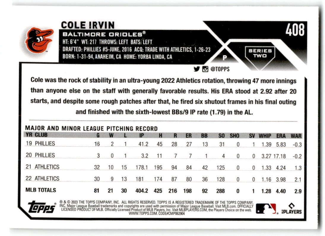 2023 Topps #408 Cole Irvin NM