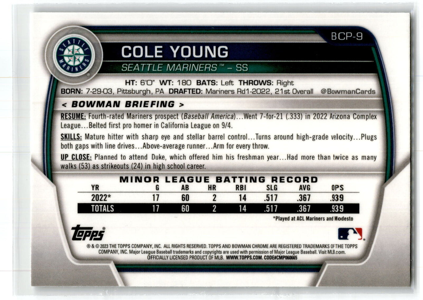 2023 Bowman #BCP-9 Cole Young Chrome Prospects NM