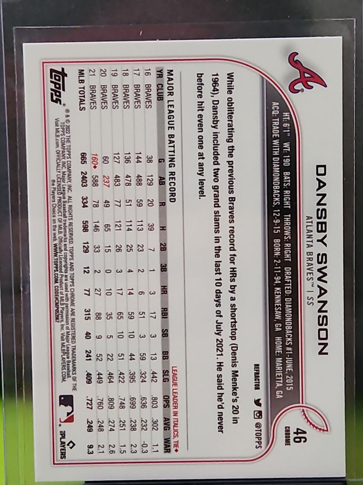 2022 Topps Chrome Refractor Dansby Swanson Atlanta Braves #46