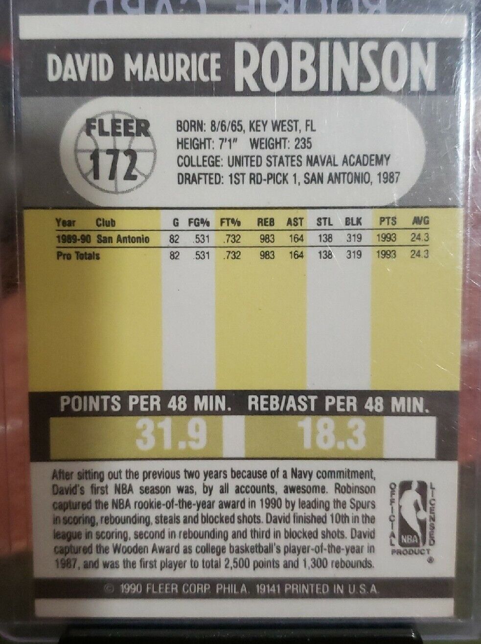 1990 Fleer Basketball David Robinson Rookie RC #172 San Antonio Spurs  ROOKIE
