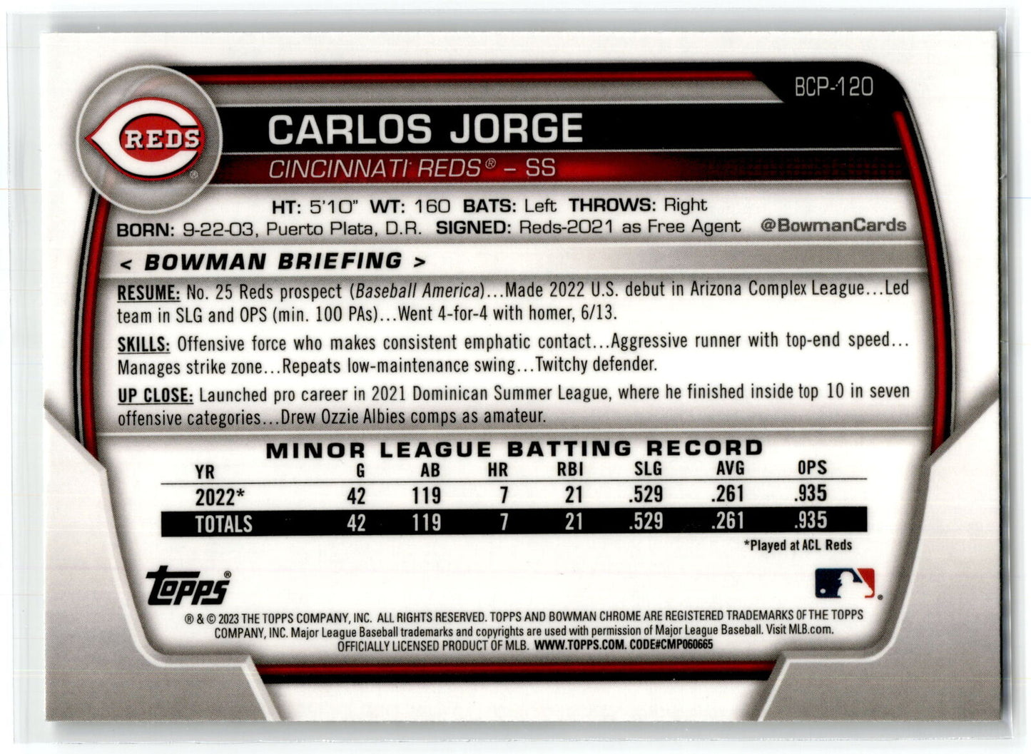 2023 Bowman #BCP-120 Carlos Jorge Chrome Prospects NM