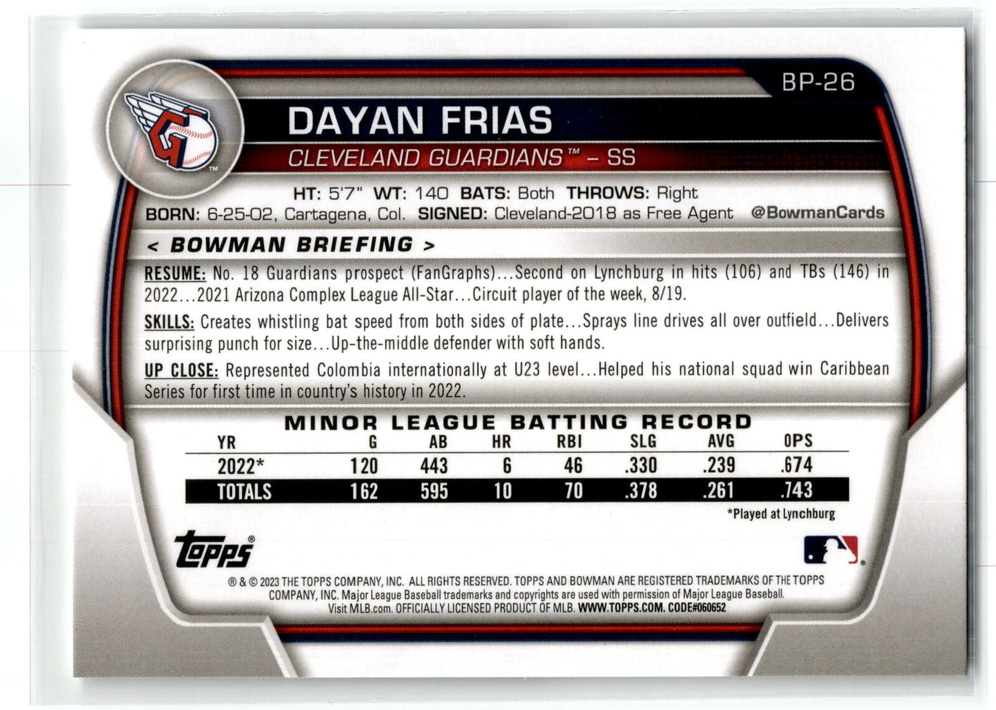 2023 Bowman #BP-26 Dayan Frias Prospects NM