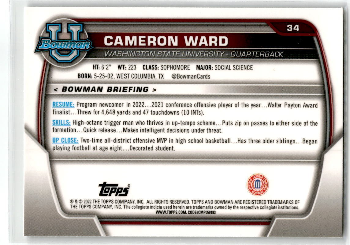 2022 Bowman Chrome University #34 Cameron Ward NM