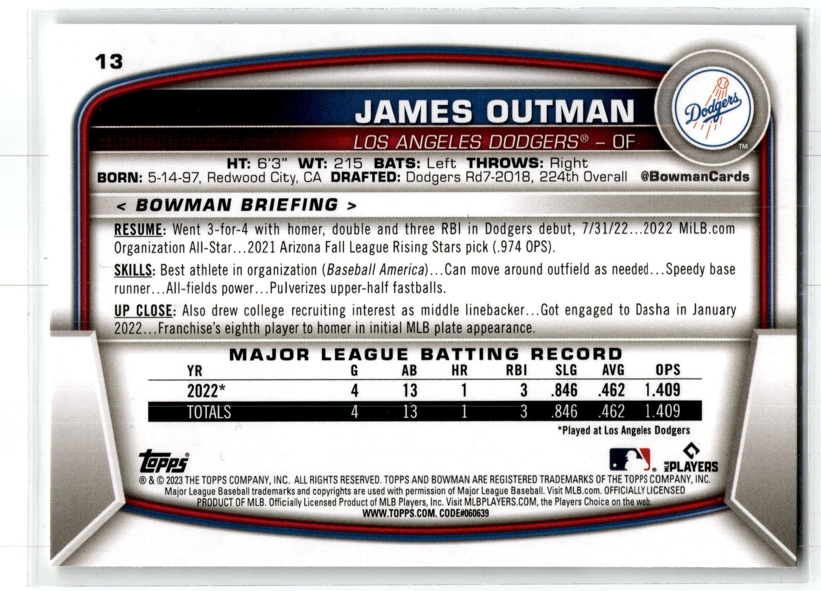 2023 Bowman #13 James Outman NM