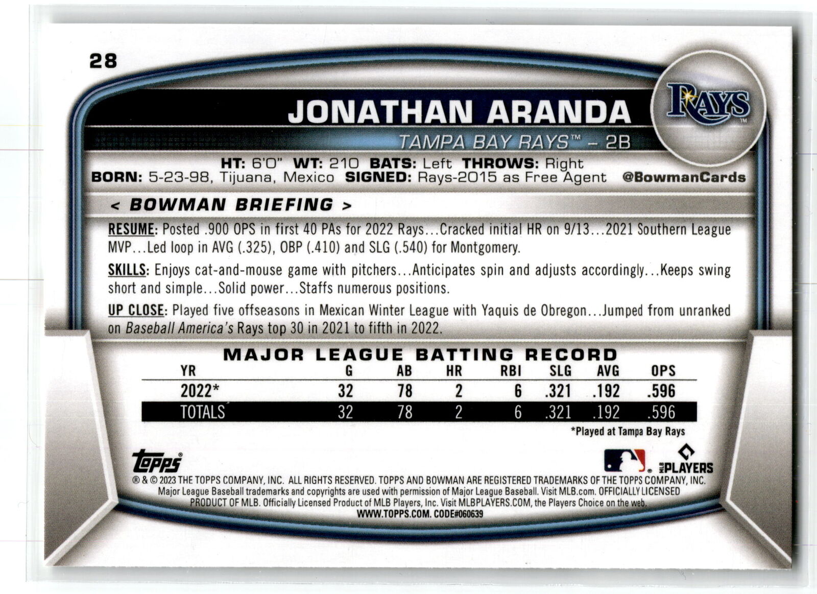 2023 Bowman #28 Jonathan Aranda NM