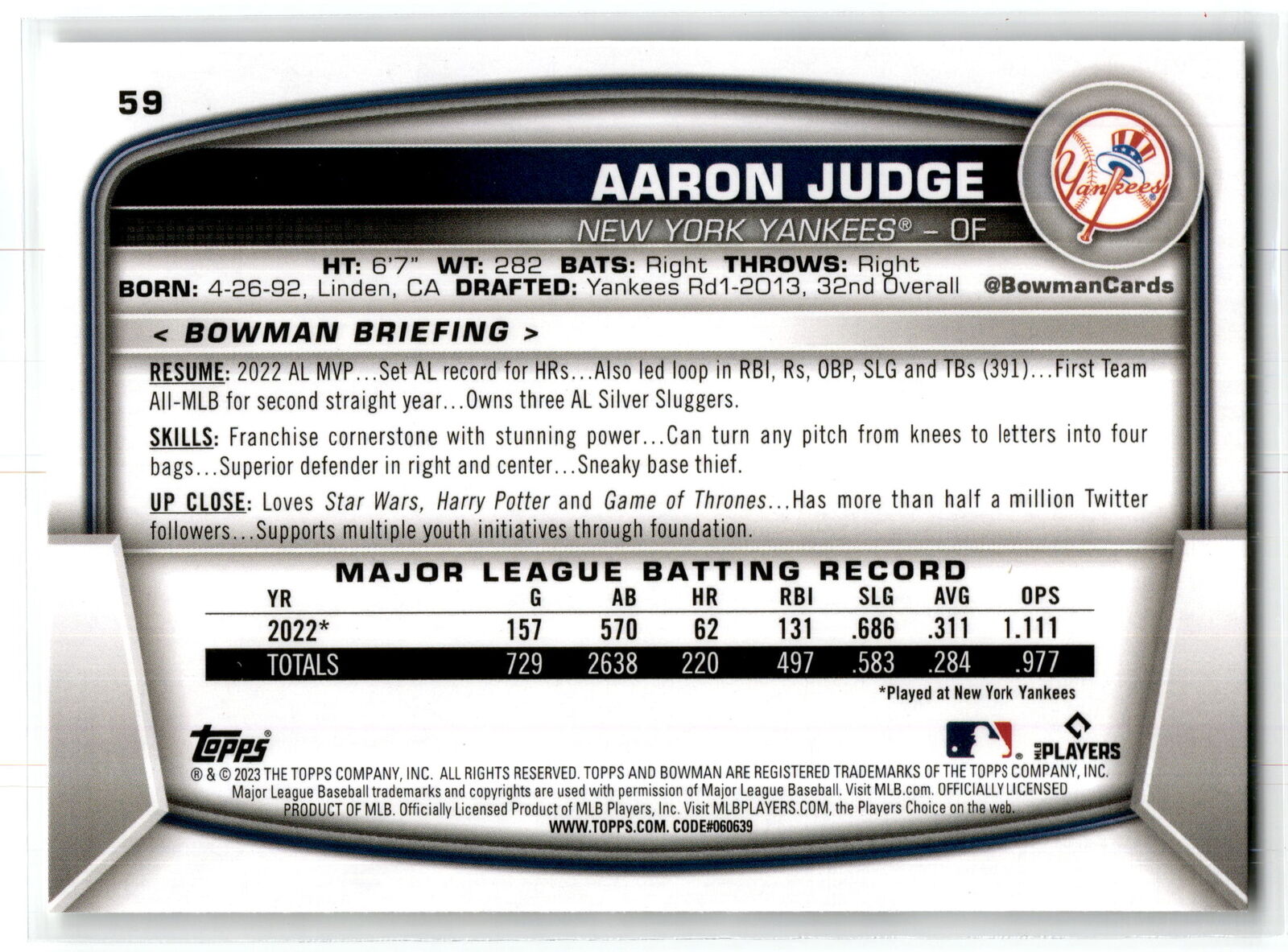 2023 Bowman #59 Aaron Judge NM