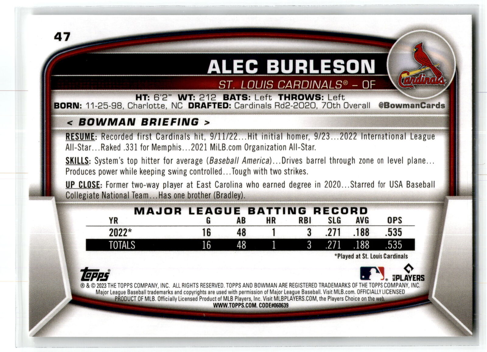 2023 Bowman #47 Alec Burleson NM